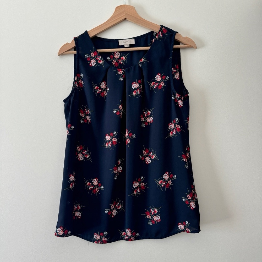 LOFT navy sleeveless floral blouse